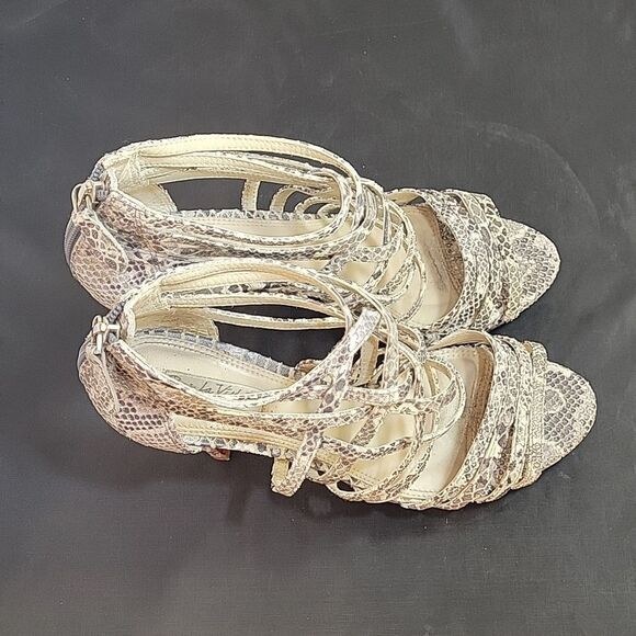 WOMEN"S POUR LA VICTOIRE SNAKESKIN LEATHER OPEN TOE HIGH HEEL STILETTOS SANDAL - Picture 3 of 12